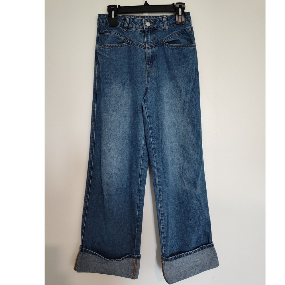 Cider Denim Women Indigo Wide Leg Cuffed Jeans High Waist Western Yoke Small